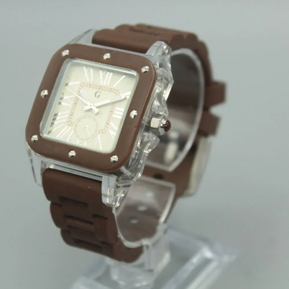 Gossip Unisex Watch Square Dial Brown Bezel Silicone Strap Transparent Case